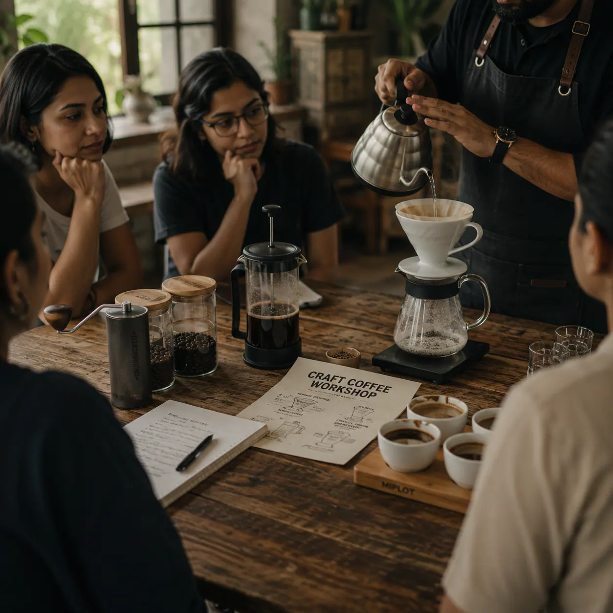 hands on coffee brewing workshop with visitors sampling brews around a rustic table filled with coffee tools, cups, and focused discussion