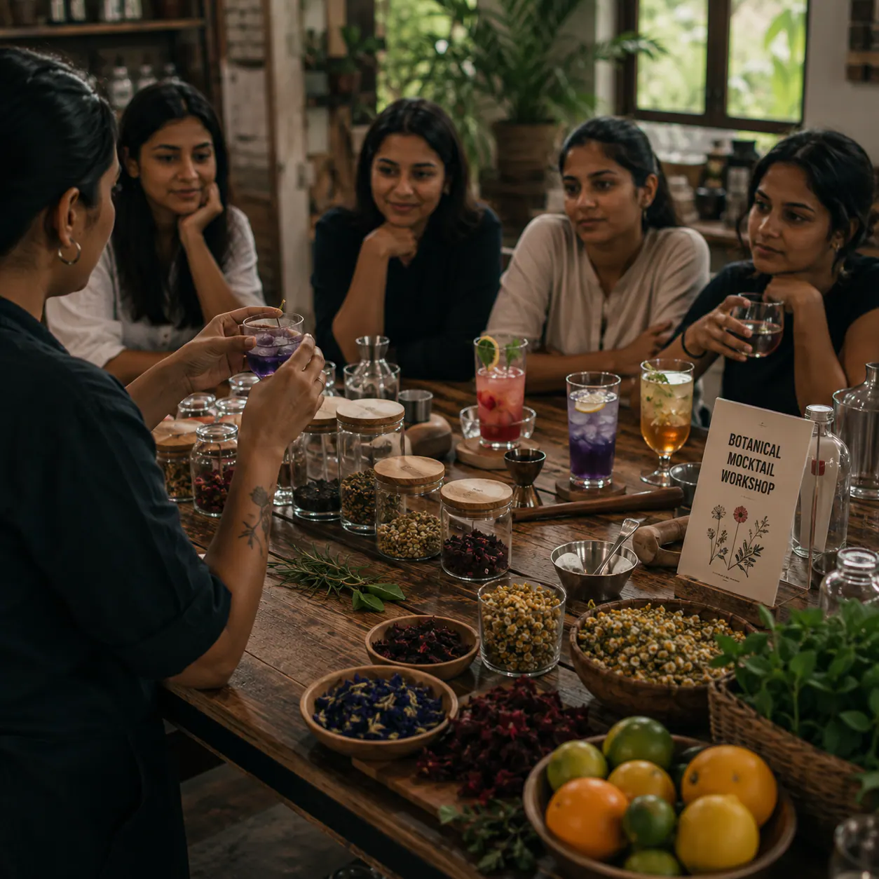 botanical mocktail workshop with flowers, herbs, and glassware arranged for creative drink making in a bright shared space