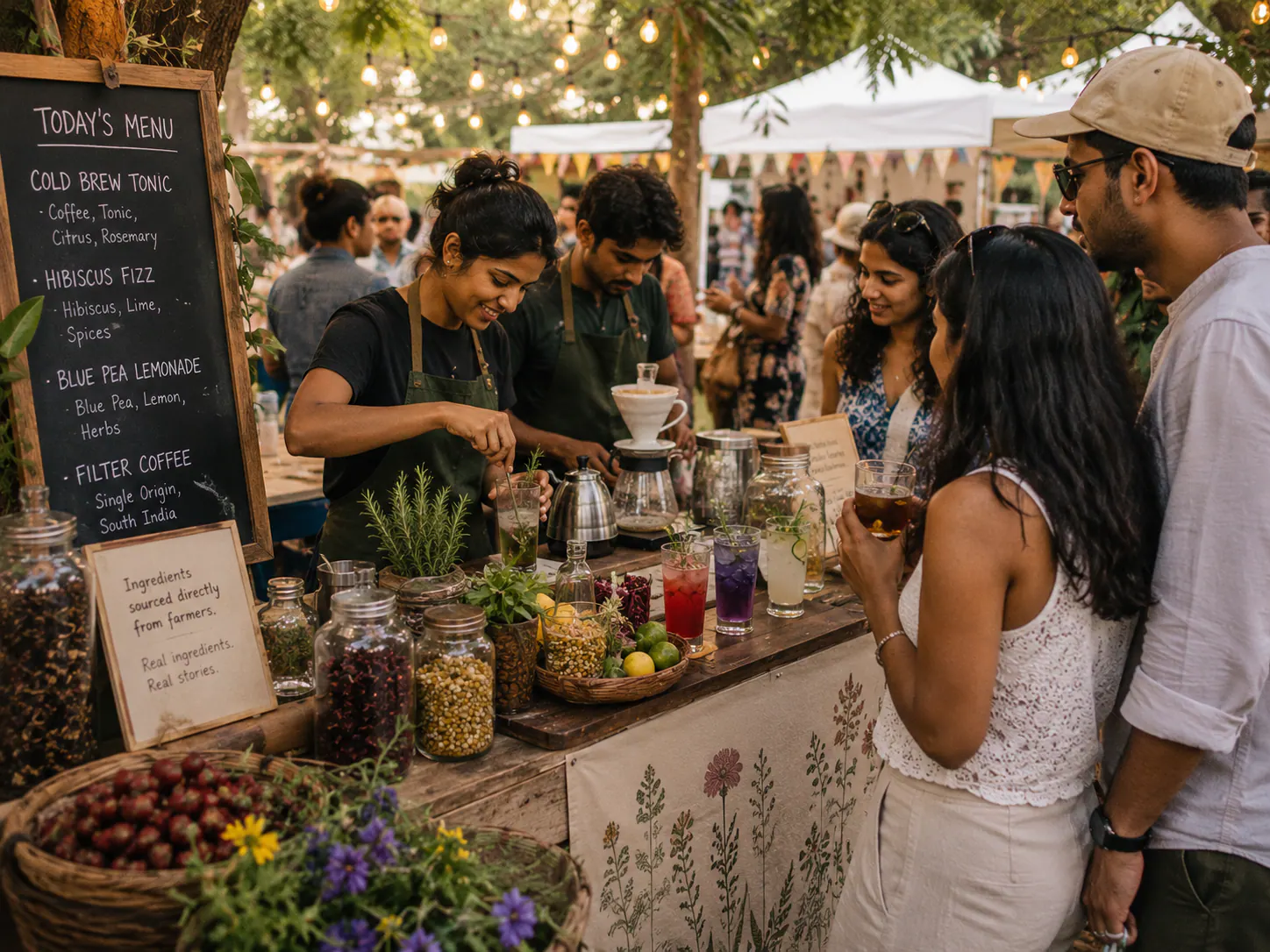 Farmtocups pop up catering stall serving drinks at an event with staff behind a branded setup in a lively event environment