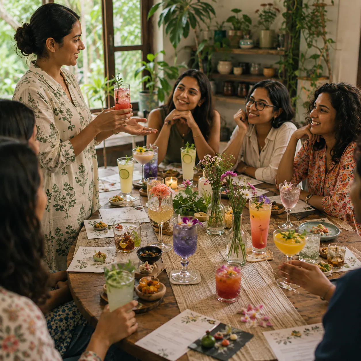 intimate supper club tasting with guests enjoying paired beverages around a softly lit table in a warm dining setting